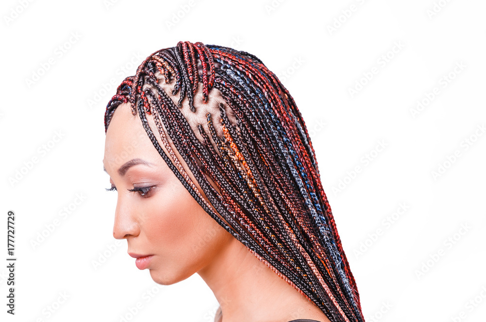Isolated on white woman with colorful hair braided in thin plaits or  dreadlocks in african style Stock Photo | Adobe Stock