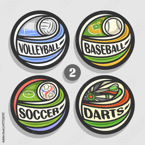 Vector set of sport logos, 4 round simple badges with flying ball on curved trajectory, circle sports signs of minimal design with games equipment, original type for words of different kind of sport.