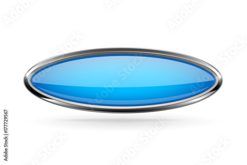 Oval blue button with bold chrome frame. 3d shiny icon