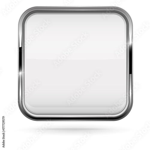 Square white button with bold chrome frame. 3d shiny icon