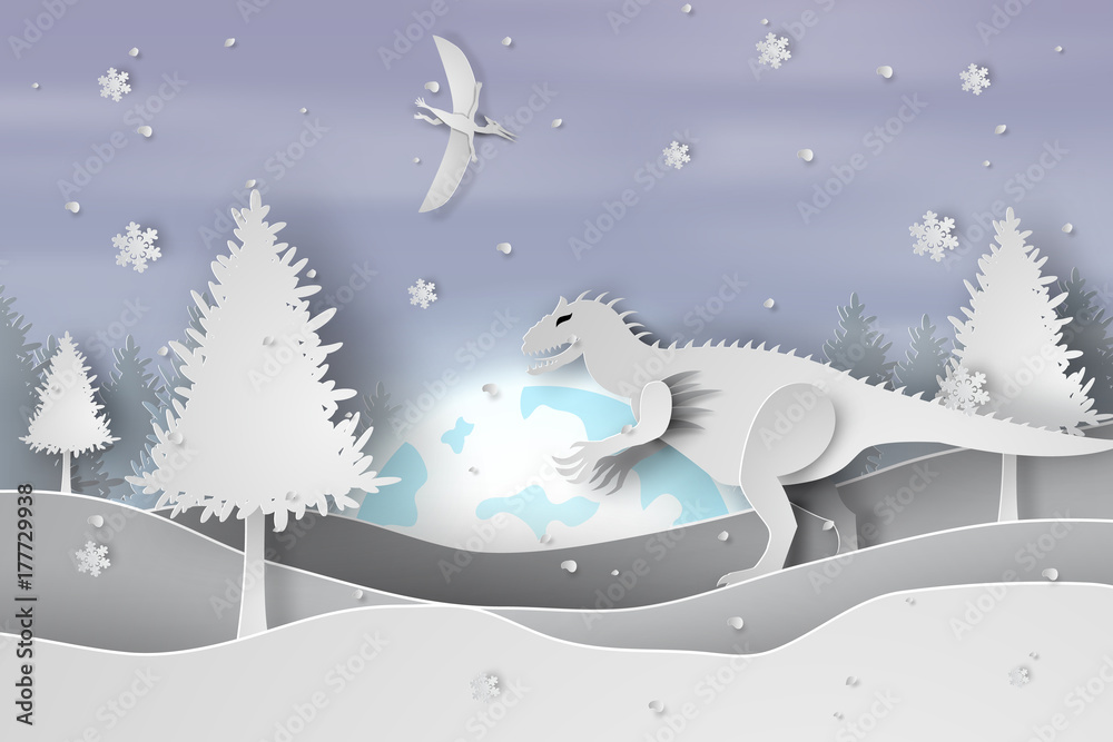 Fototapeta premium Paper art of Lanscape snow with Dinosaur,vector