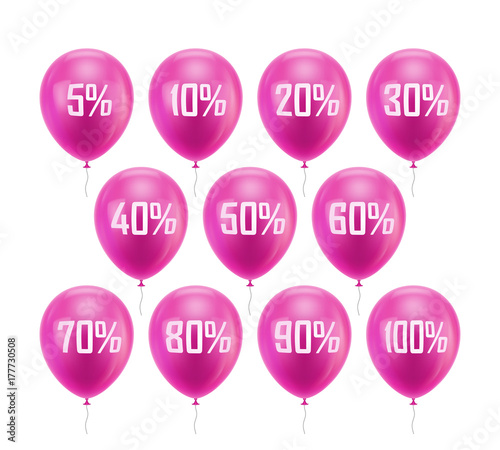 Pink balloon discount. Set of 11 inflatable helium balls with different digits discounts - from 5 to 100 percent. Image for sites, stores, mobile apps. Vector illustration isolated on white background
