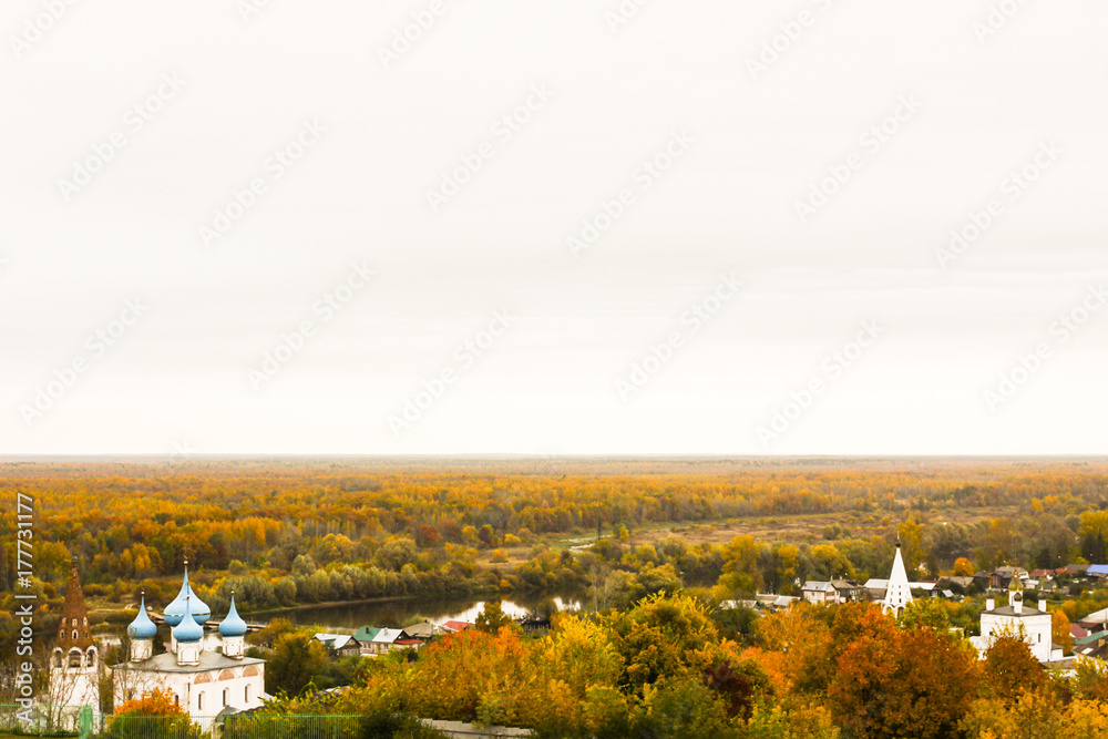 Aerial view from the St. Nichola's Holy Trinity Monastery (Svyato Troitse Nikolsky Monastery) on the Puzhlova Mountain. Gorokhovets, Vladimir oblast, Russia