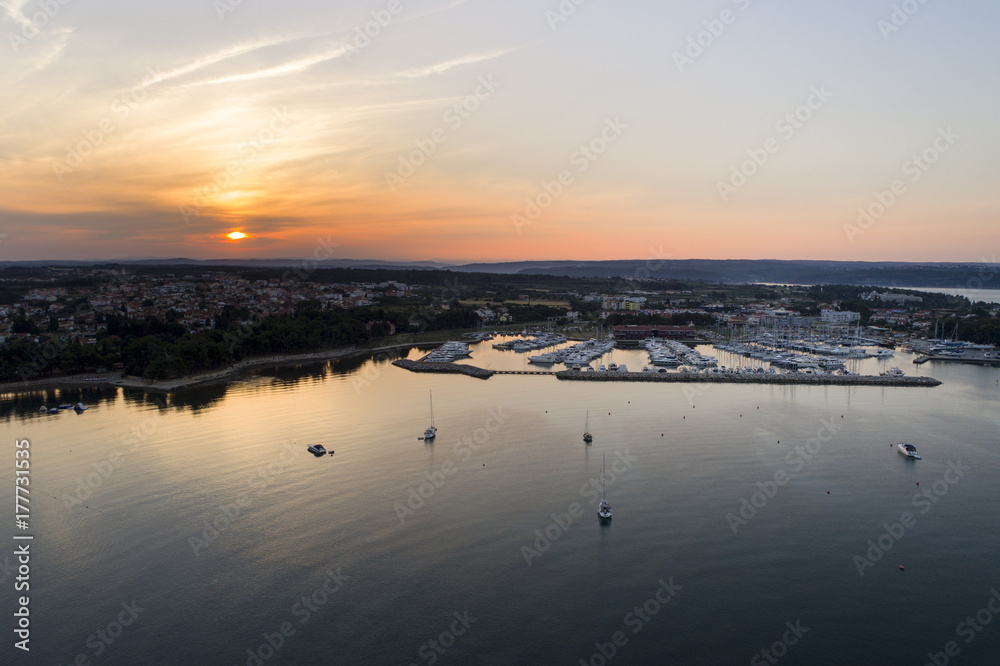 Fototapeta premium aerial drone view of sunrise over novigrad