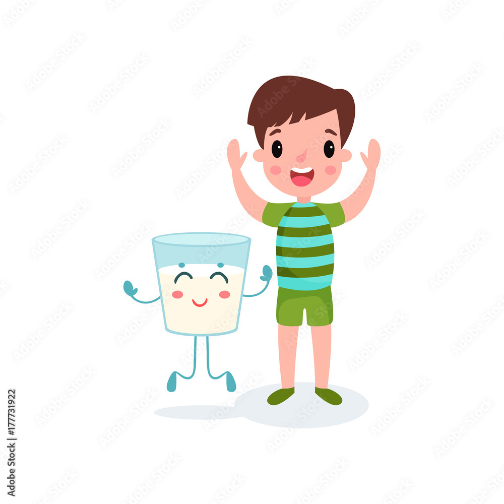 Sweet boy playing with humanized glass of milk, healthy food for kid cartoon Sweet boy playing with humanized glass of milk, healthy food for kid cartoon