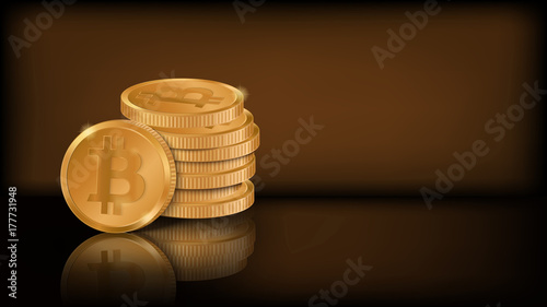 Horizontal dark background with pile of stylized golden bitcoins and place for your text. Money stack. Gold coins. Stock vector illustration
