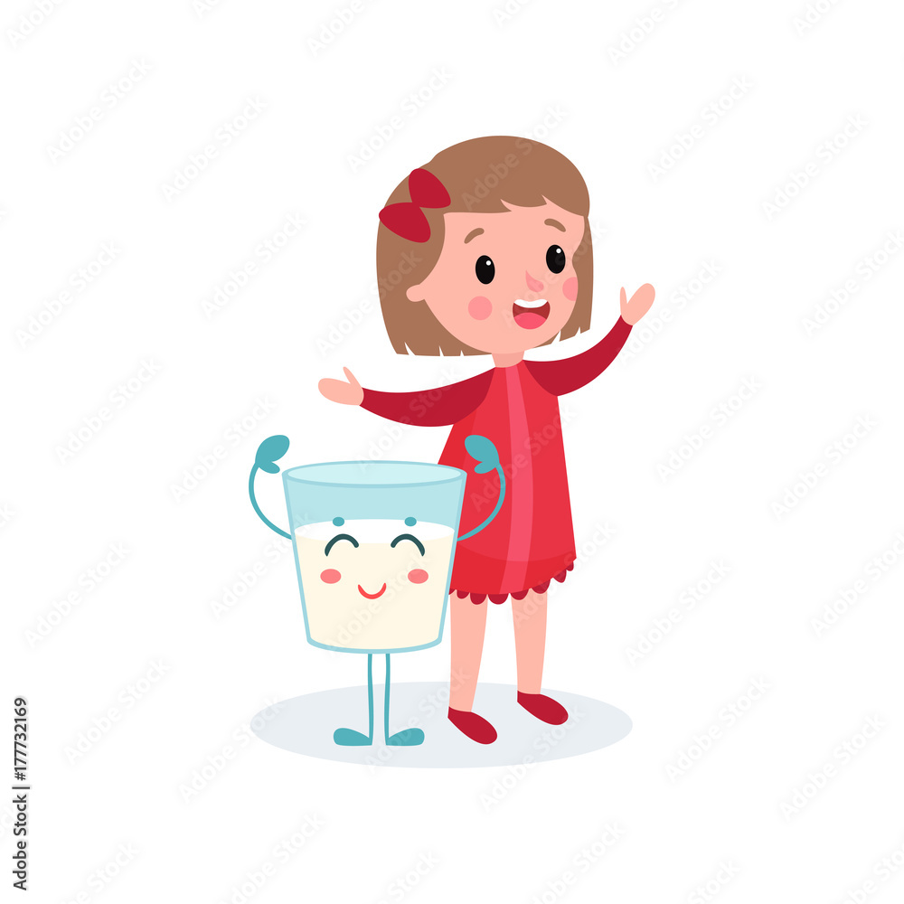 Cute girl playing with humanized glass of milk, healthy food for kid cartoon vector illustration Cute girl playing with humanized glass of milk, healthy food for kid cartoon vector illustration