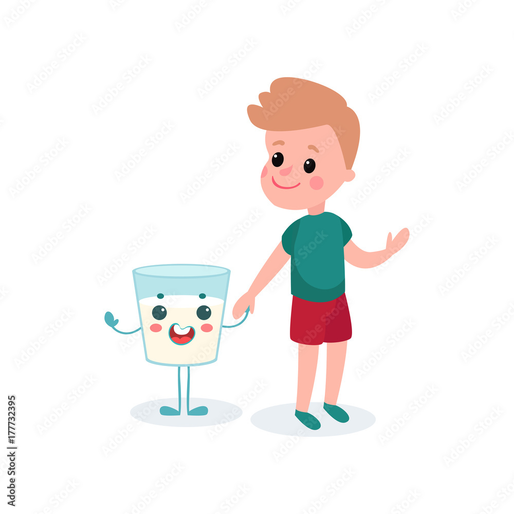 Cute boy and humanized cardboard box of milk holding hands, healthy food for kid cartoon vector illustration Cute boy and humanized cardboard box of milk holding hands, healthy food for kid cartoon vector illustration