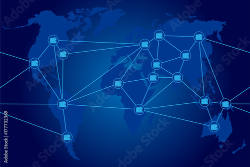 Vector illustration on business theme with block chain elements. Interconnected electronic wallets. The network envelops the planet.