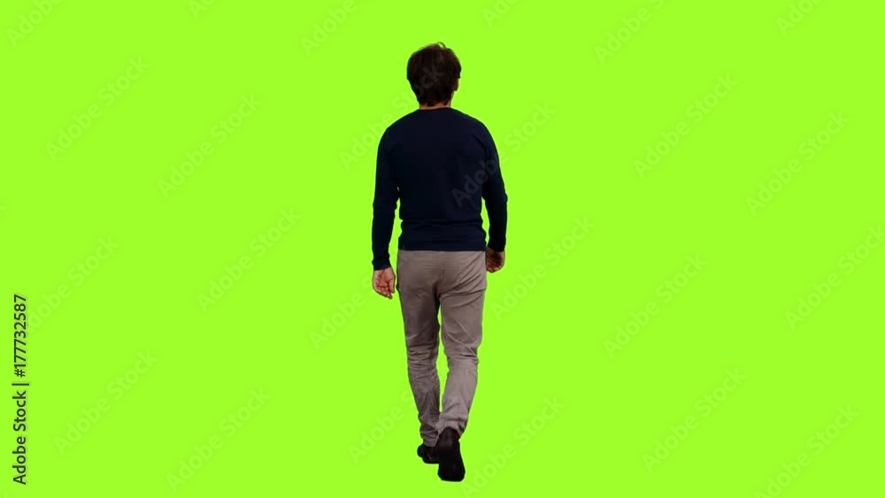 Back view of a walking man on green screen background, Chroma key Stock ビデオ | Adobe Stock