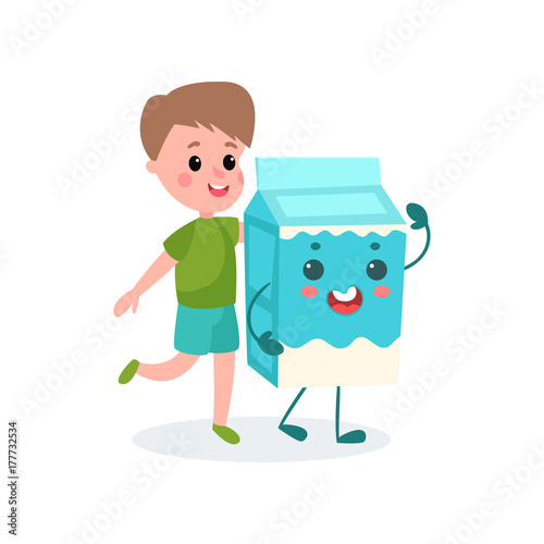 Cute boy and humanized cardboard milk box, healthy food for kid cartoon vector illustration