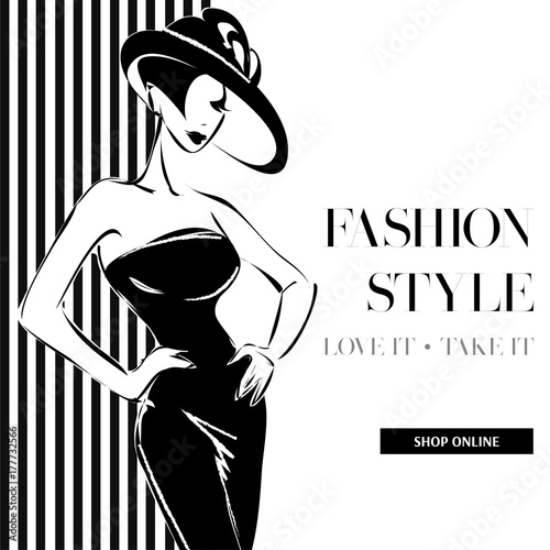 Black and white fashion sale banner with woman fashion silhouette, online shopping social media ads web template with beautiful girl. Vector illustration