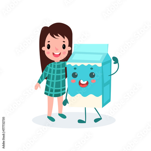 Adorable brunette girl playing with smiling humanized cardboard box of milk, healthy food for kid cartoon vector illustration