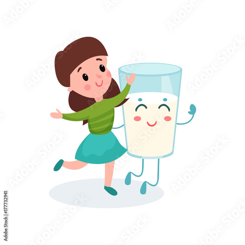 Lovely girl playing with humanized glass of milk with smiling face, healthy food for kid cartoon vector illustration