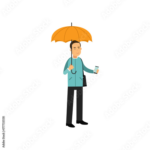 Young man standing under orange umbrella vector illustration