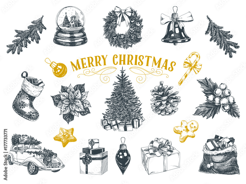 Obraz premium Beautiful vector hand drawn christmas Illustrations set.