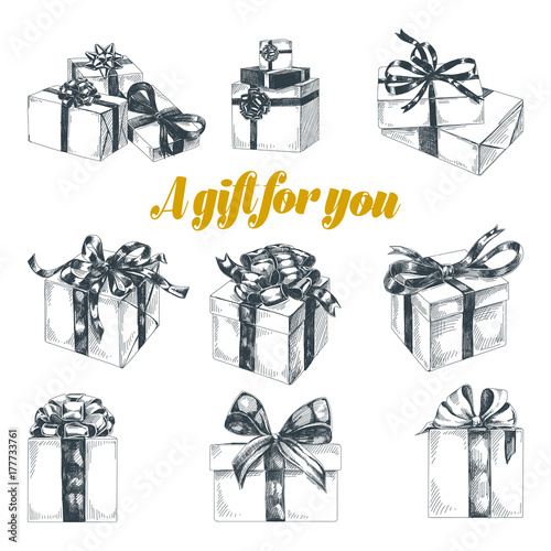 Beautiful vector hand drawn gift boxes Illustrations set.