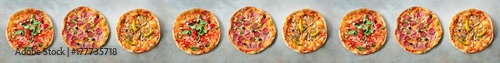Pizza pattern. Nine pieces set on grey concrete background. Top view, copyspace