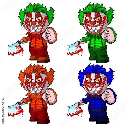 Set of evil clown holding a knif, face horror and crazy maniac.  Vector illustration.