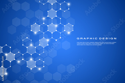 Abstract hexagonal molecule background, genetic and chemical compounds system. Geometric graphics and connected lines with dots. Scientific and technological concept, vector illustration