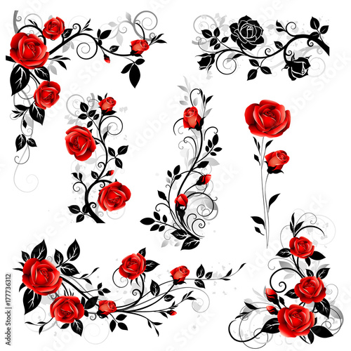 Vector set of decorative calligraphic design elements with red vintage rose and black leaves for border and frame decor.