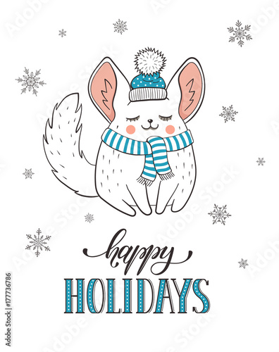 Happy holidays greeting card with cute cartoon chinchilla in hat and scarf. New Year vector postcard. Illustration of cartoon baby animal with snowflakes isolated on white background.