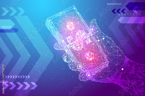 Bundle of Dollars in hand from low poly wireframe on purple background. Data cash and finance vector polygonal image. Success concept.