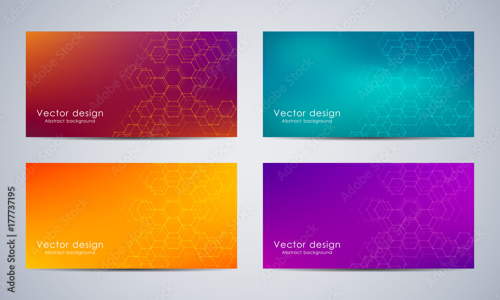 Abstract banner design with hexagonal background. Geometric graphics and connected lines with dots. Scientific and technological concept, vector illustration