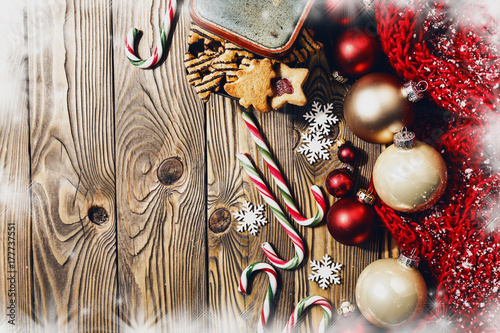 Christmas decorations on wooden board