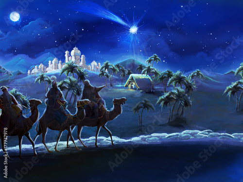 Canvas Print cartoon scene with three kings going to meet jesus illustration for children