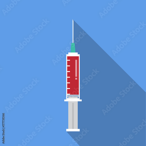 Vector syringe icon for injection vaccine with red blood liquid isolated on green background