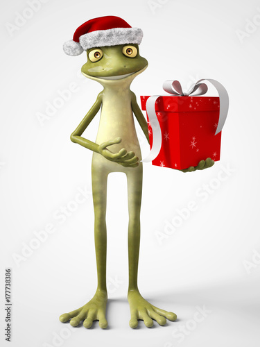 3D rendering of cartoon frog wearing Santa hat.