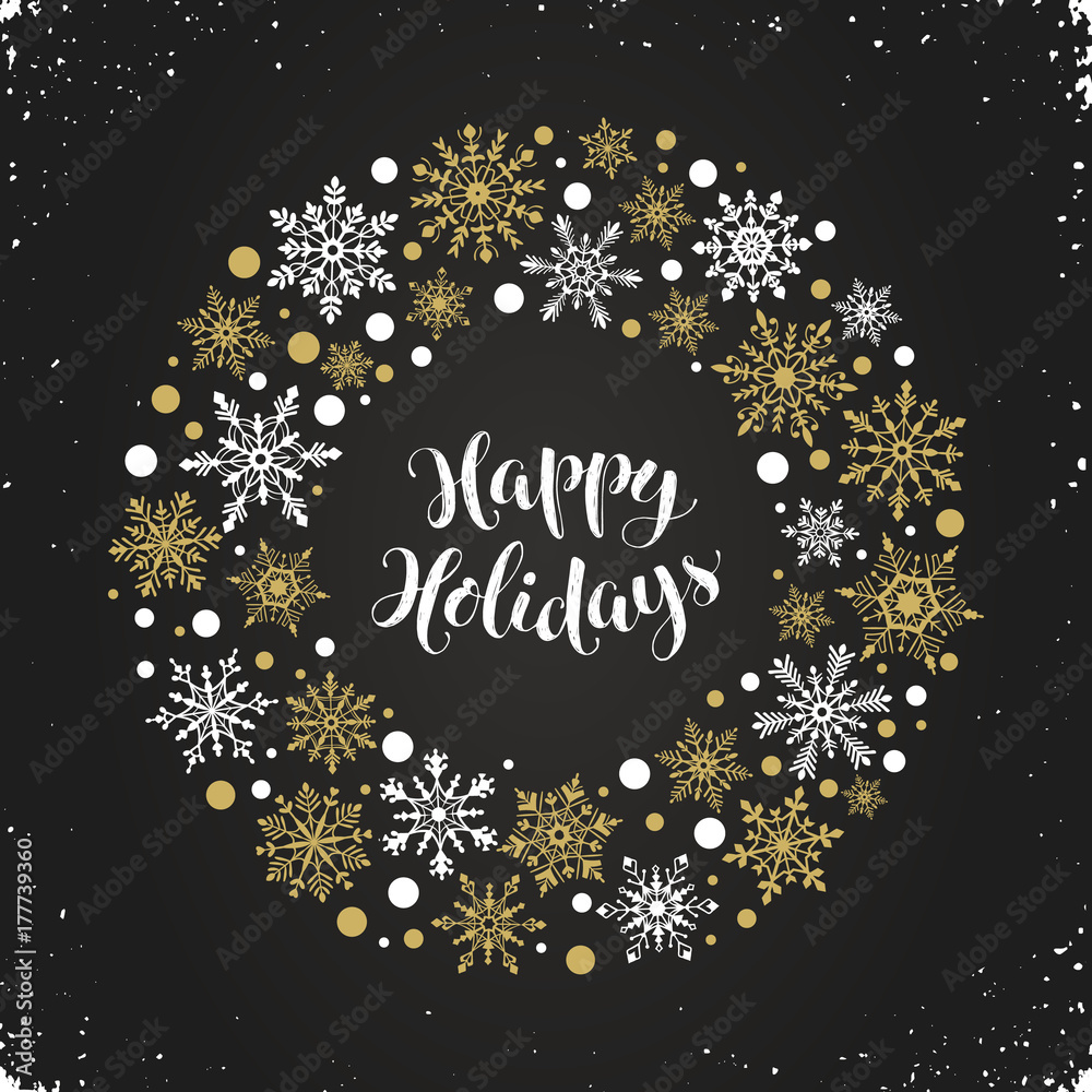Happy holidays greeting card template. Modern winter lettering with snowflakes on chalkboard. Merry Christmas vector illustration with text.