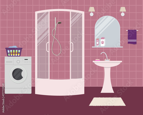 Bathroom in a purple color. There is a shower cabin, a wash basin, a mirror, a washing machine and other objects in the picture. Vector flat illustration.