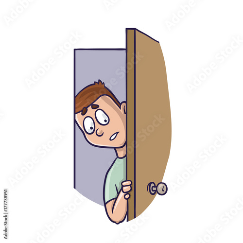 Young man peeking in the slightly open door. Agoraphobia concept. Vector Illustration, isolated on white background.