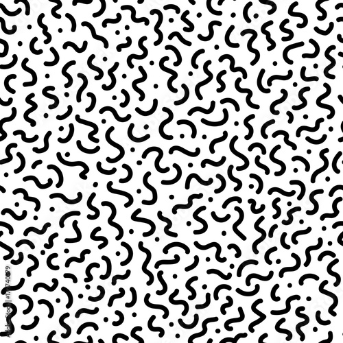 Black and white geometric memphis pattern with wavy lines and dots. 80s and 90s graphic design style. Vector seamless background.
