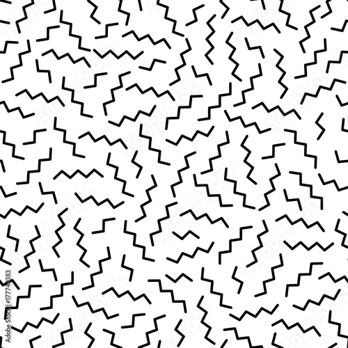 Black and white geometric memphis pattern with wavy zig zag lines. 80s and 90s graphic design style. Vector seamless background.