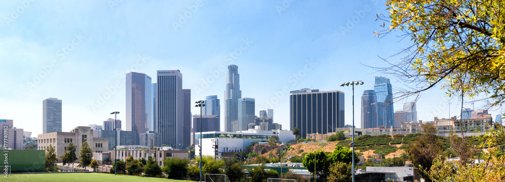 Fototapeta premium Beautiful skyline of Downtown Los Angeles from city park