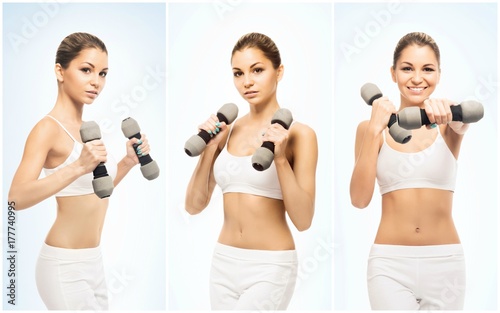 Thin, sporty and slender woman in sportswear isolated on white. Exercise and health care concept. © Acronym