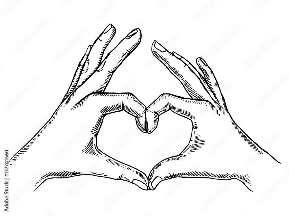 Hands making heart sign engraving vector - obrazy, fototapety, plakaty 