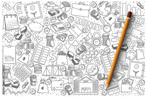 Hand drawn vector set of finance doodles