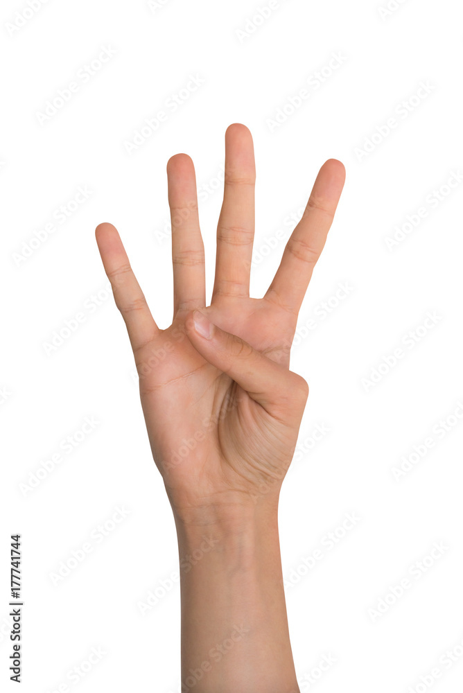 Hand showing number four, isolated on white background Hand showing number four, isolated on white background