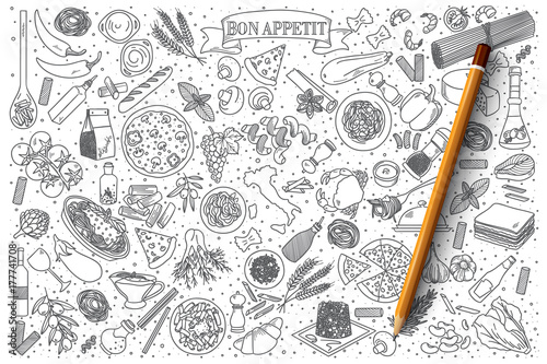 Hand drawn set of Italian food vector doodles