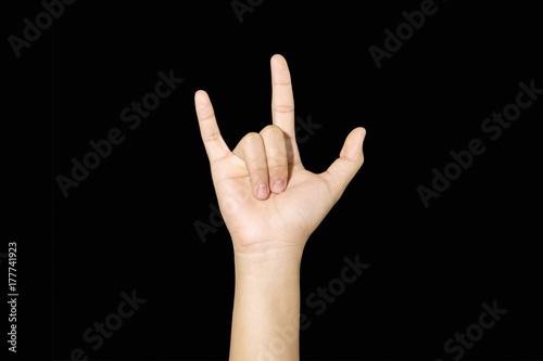 Hand sign of like, love, three, etc. on black background