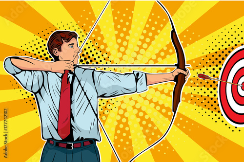 Businessman with bow, arrow and target. Man archer targeting in center. Business goals, sucsess concept. Pop art retro vectro illustration.