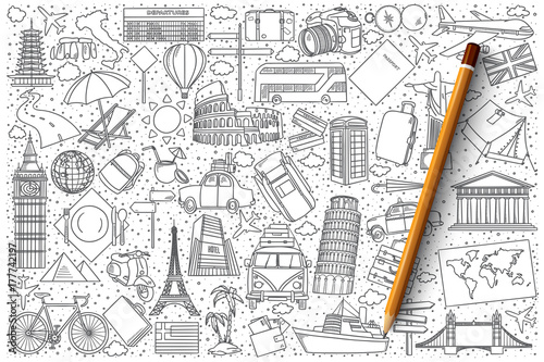 Hand drawn set of travel vector doodles