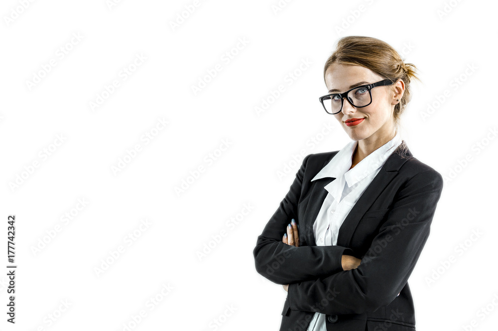 Young dark hair caucasian businesswoman wears glasses, in a white blouse and a black jacket in the white isolated background