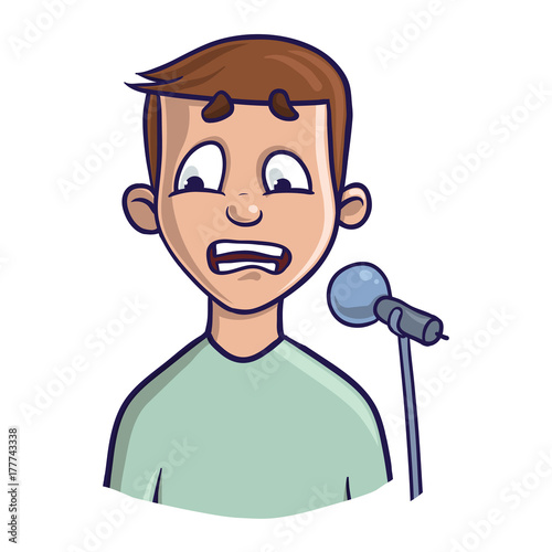 Fear of public speaking, glossophobia. Excitement and loss of voice. Young man with microphone. Vector illustration, isolated on white background.