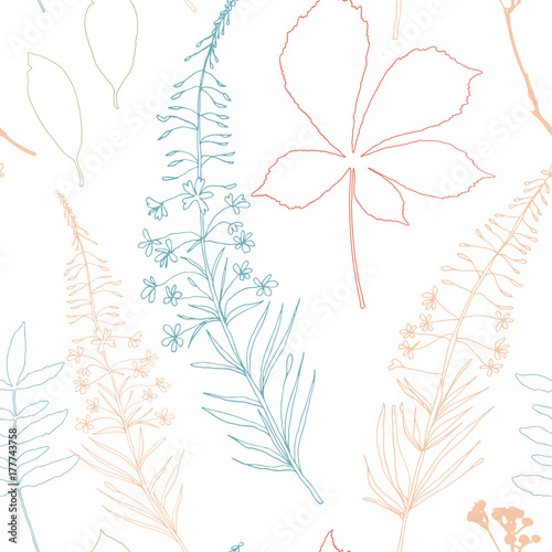 Floral vector seamless pattern with different hand drawn leaves, wild flowers...