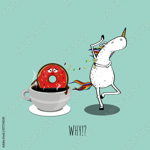 Funny concept of a shaving unicorn and a donut bathing in coffee. Vector illustration. Modern design